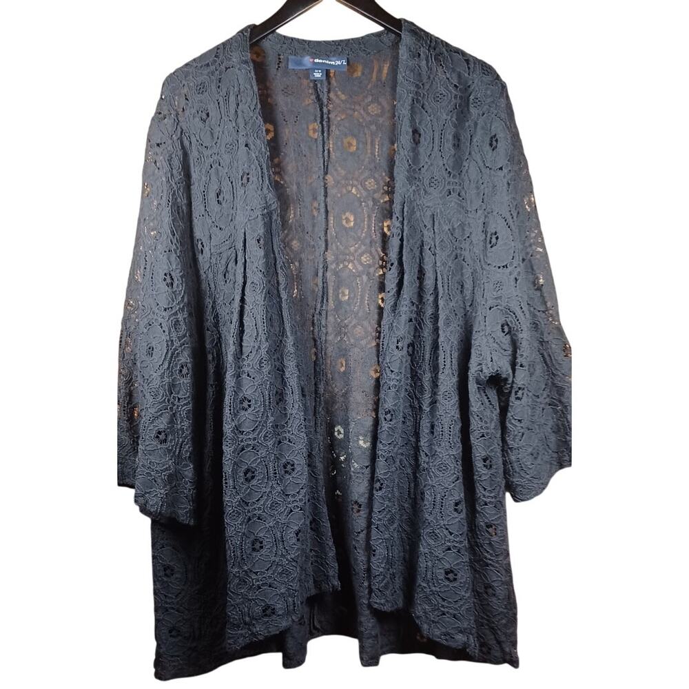 Denim 24/7 Plus Size 32W Black Lace Open Front Cardigan Boho Crochet Jacket